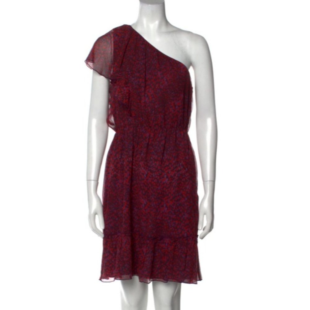 Anna Sui Red & Purple Heart Print 100% Silk One Shoulder Dress, Size 8 (US)
